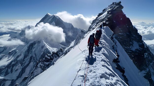un gruppo di persone che si arrampicano sul lato di una montagna coperta di neve