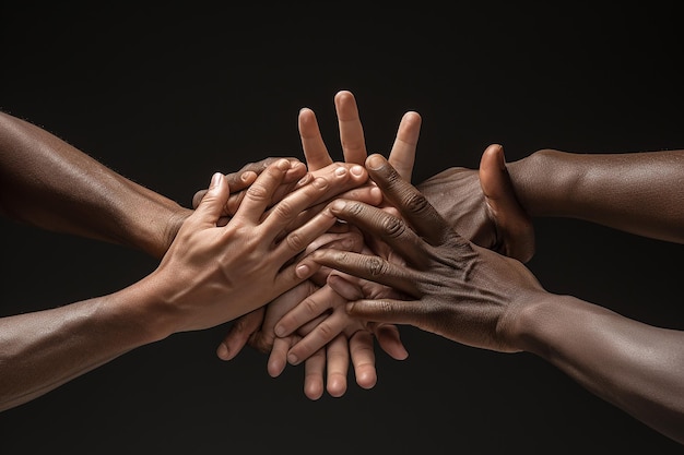 un gruppo di persone che si tengono per mano al centro di un cerchio con le mani una sopra l'altra