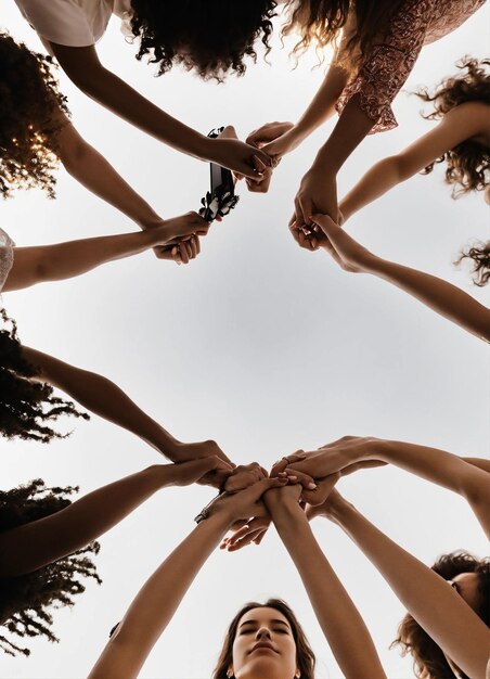 un gruppo di persone che si tengono per mano con uno che tiene in alto un cerchio che dice persone