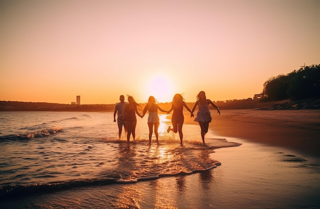 Un gruppo di persone che si tengono per mano su una spiaggia al tramonto