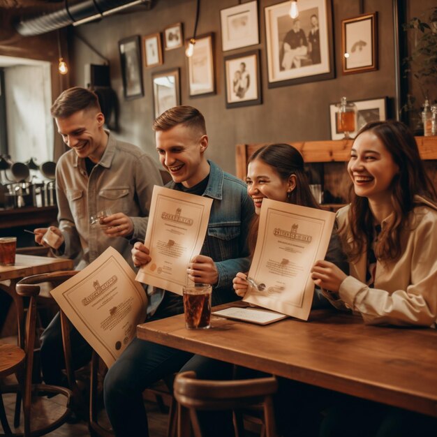 Un gruppo di persone che tengono in mano i certificati in un ristorante