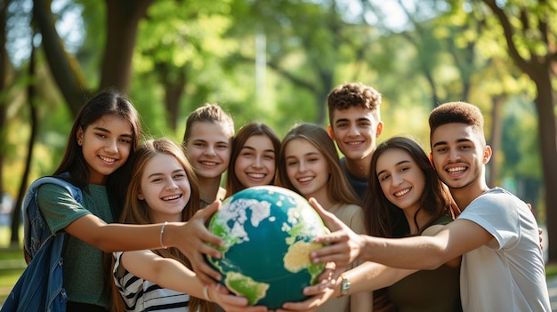 un gruppo di persone che tiene un globo in un parco