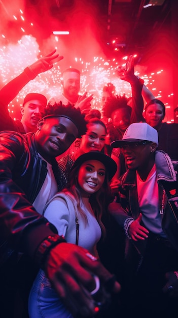 Un gruppo di persone con abiti alla moda che posano per un selfie con il DJ sullo sfondo
