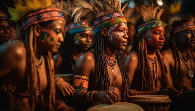 Un gruppo di persone con copricapi colorati che suonano un tamburo.
