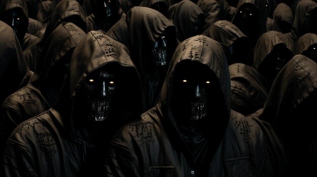 un gruppo di persone con costumi scuri e le parole " brillare al buio ".