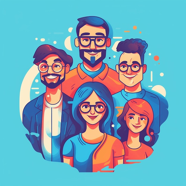 un gruppo di persone con gli occhiali e l'immagine di un uomo e una donna.