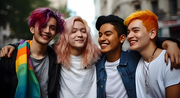 Un gruppo di persone con i capelli colorati è in piedi insieme.