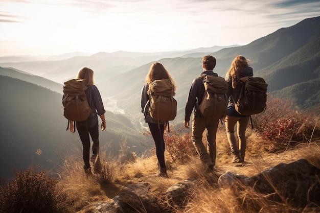 un gruppo di persone con i zaini scendono da una montagna.