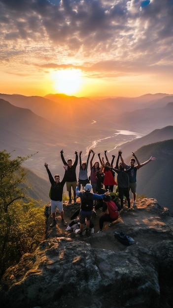 un gruppo di persone con il sole che tramonta dietro di loro