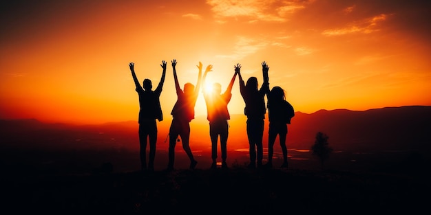 Un gruppo di persone con le braccia alzate, con il sole che tramonta alle loro spalle.