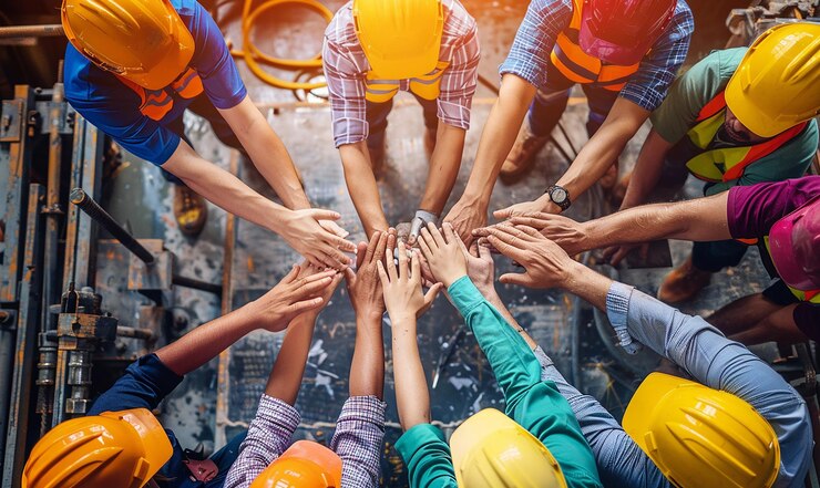 un gruppo di persone con le mani unite in un cerchio con uno che tiene un gruppo di mani