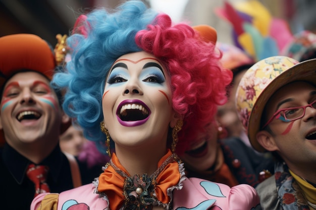 un gruppo di persone con parrucche colorate e capelli colorati