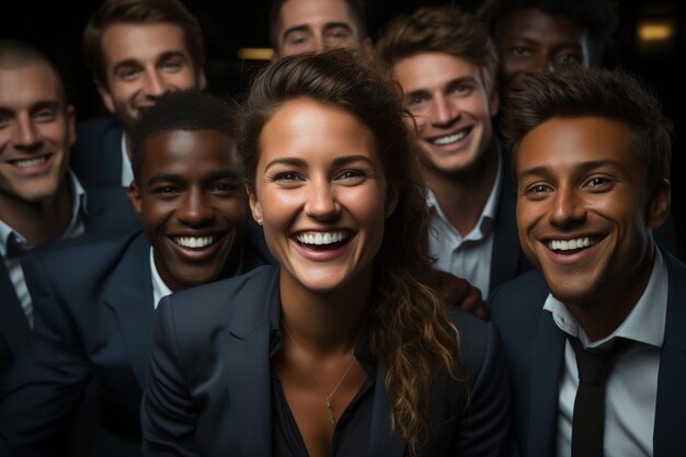 Un gruppo di persone con un sorriso su uno sfondo scuro