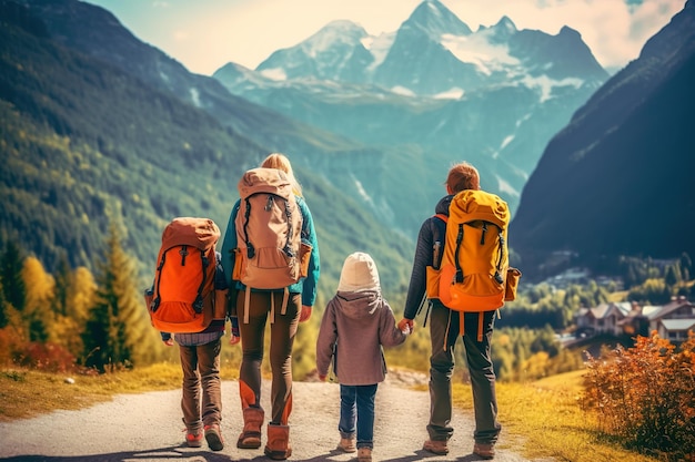 Un gruppo di persone con zaini che cammina lungo una strada generativa immagine ai