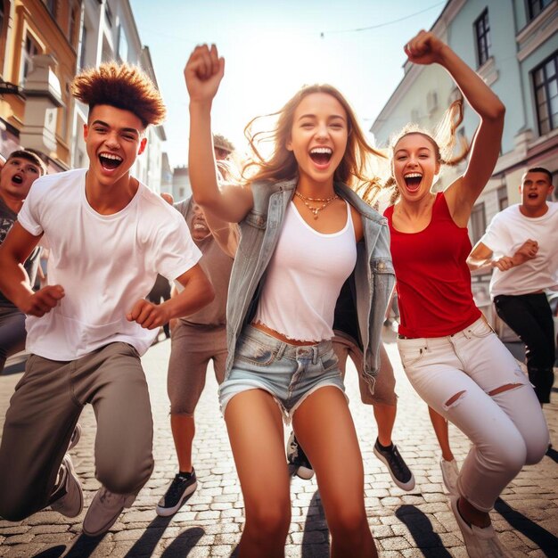 Un gruppo di persone corre e ride per strada.