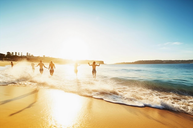 Un gruppo di persone corre su una spiaggia con il sole che tramonta dietro di loro