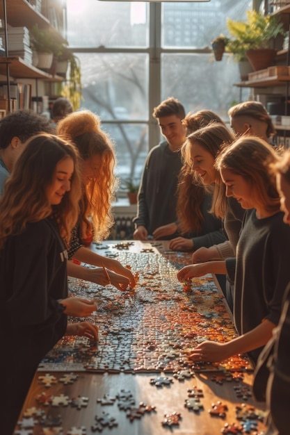 Un gruppo di persone di diverse etnie sta lavorando insieme per mettere insieme un puzzle.