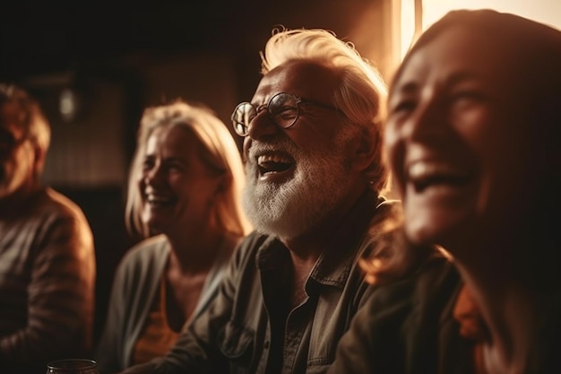 Un gruppo di persone di diverse nazionalità che ridono Nazionalità di età diverse che si divertono insieme divertendosi insieme ridendo sorridendo Divertimento relax rispetto pace IA generativa