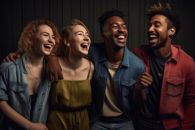 Un gruppo di persone di diverse nazionalità che ridono Nazionalità di età diverse che si divertono insieme divertendosi insieme ridendo sorridendo Divertimento relax rispetto pace IA generativa