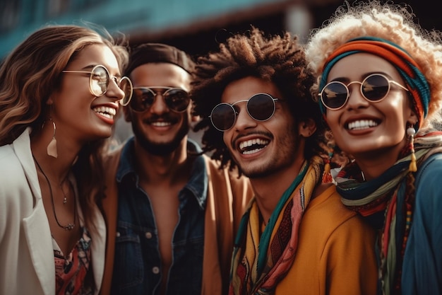 Un gruppo di persone di diverse nazionalità che ridono Nazionalità di età diverse che si divertono insieme divertendosi insieme ridendo sorridendo Divertimento relax rispetto pace IA generativa