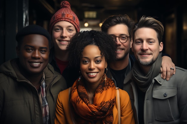 un gruppo di persone di diverse nazionalità come gli afroasiatici e la generazione di AI sorridente