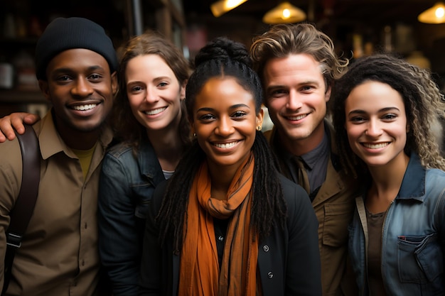 un gruppo di persone di diverse nazionalità come gli afroasiatici e la generazione di AI sorridente