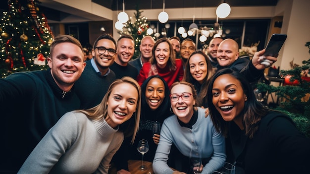 Un gruppo di persone diverse che festeggia una festa di Natale d'affari con gioia e decorazioni festive