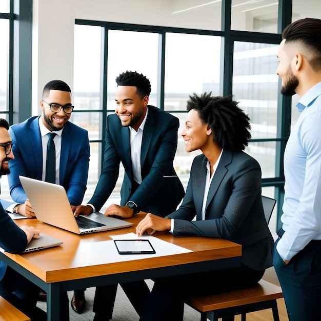 Un gruppo di persone diverse che sorridono e che hanno un'illustrazione di affari di riunione