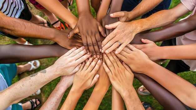 Un gruppo di persone diverse di tutte le età e razze uniscono le mani su uno sfondo verde e erboso