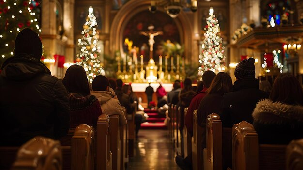 Un gruppo di persone diverse è seduto in una chiesa ad ascoltare un sermone la chiesa è decorata con alberi di Natale e luci