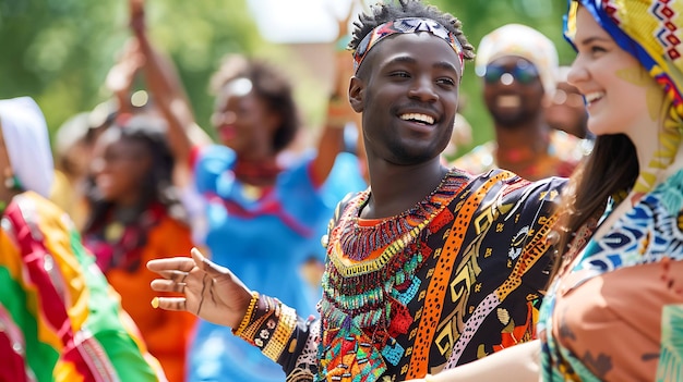 Un gruppo di persone diverse sta ballando e festeggiando indossano abiti colorati e tradizionali