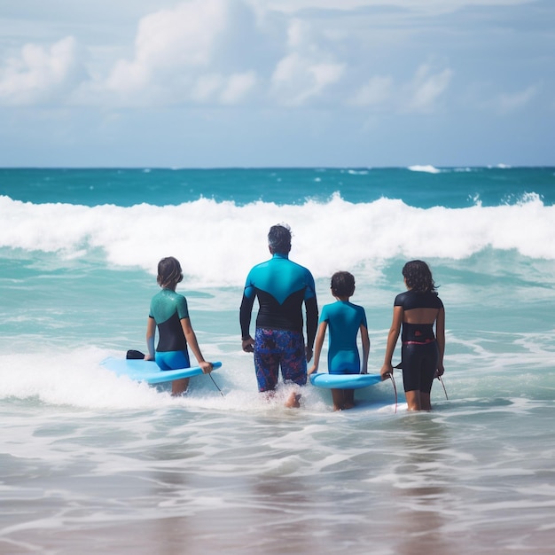 Un gruppo di persone è in acqua con tavole da surf.