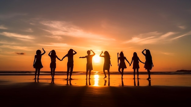 Un gruppo di persone è in piedi su una spiaggia con il sole che tramonta dietro di loro.