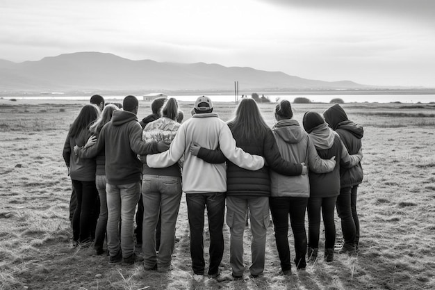 un gruppo di persone è riunito e uno di loro ha una foto in bianco e nero.