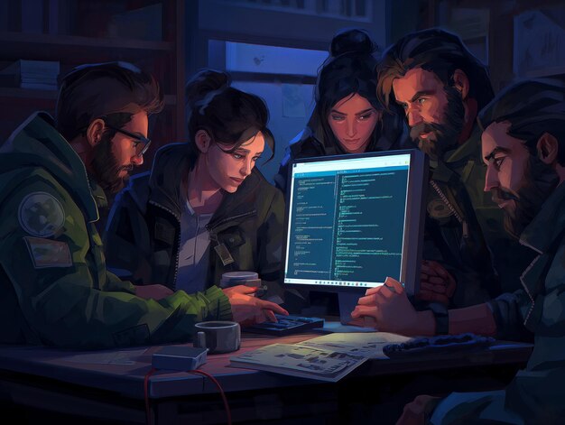Un gruppo di persone è seduto attorno a un monitor computer guardando lo schermo
