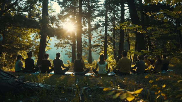 Un gruppo di persone è seduto in cerchio nella foresta a meditare il sole splende attraverso gli alberi l'immagine è pacifica e serena