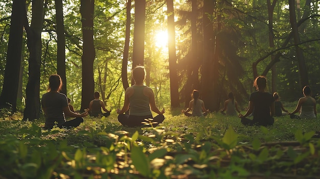 Un gruppo di persone è seduto in cerchio nella foresta a meditare il sole splende attraverso gli alberi