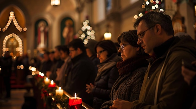 Un gruppo di persone è seduto in una chiesa con le candele in mano e sta cantando