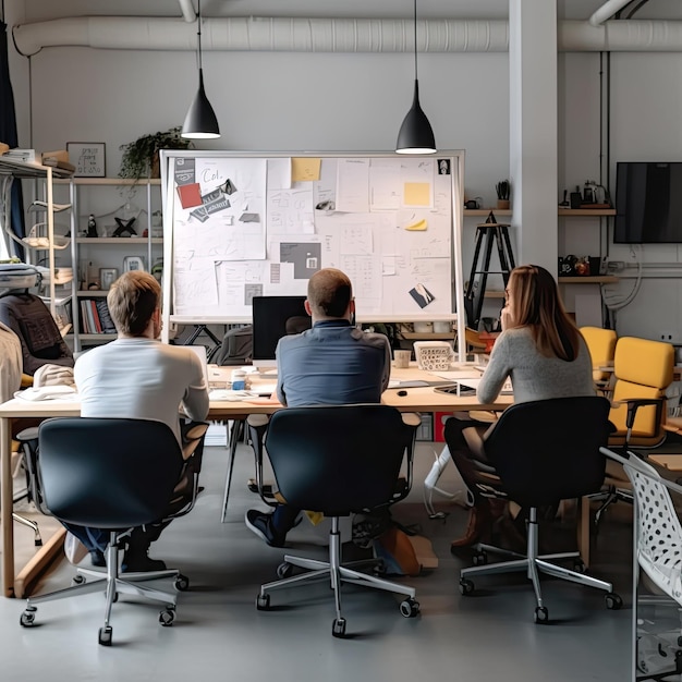 Un gruppo di persone è seduto intorno a un tavolo in una stanza con una lavagna che dice "design".