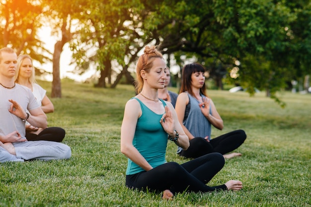 Un gruppo di persone fa yoga nel parco al tramonto. Stile di vita sano, meditazione e benessere.