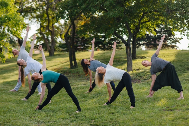 Un gruppo di persone fa yoga nel parco al tramonto.