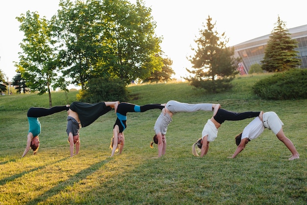 Un gruppo di persone fa yoga nel parco al tramonto