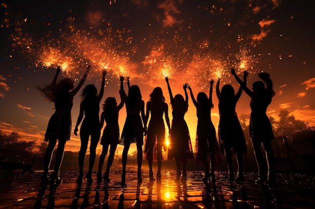 un gruppo di persone felici che festeggiano le vacanze con champagne e scintille silhouette al tramonto