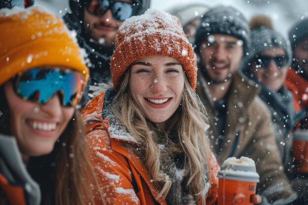 Un gruppo di persone fuori che sorridono calde mentre nevica