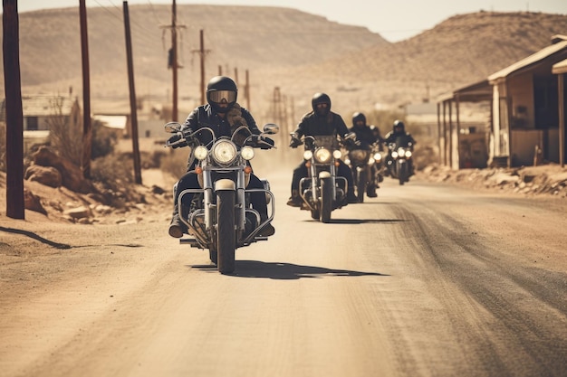 Un gruppo di persone guida con gioia le motociclette lungo una strada sterrata polverosa in campagna Motociclisti su motociclette Harley Davidson sulla Route 66 Generato dall'intelligenza artificiale