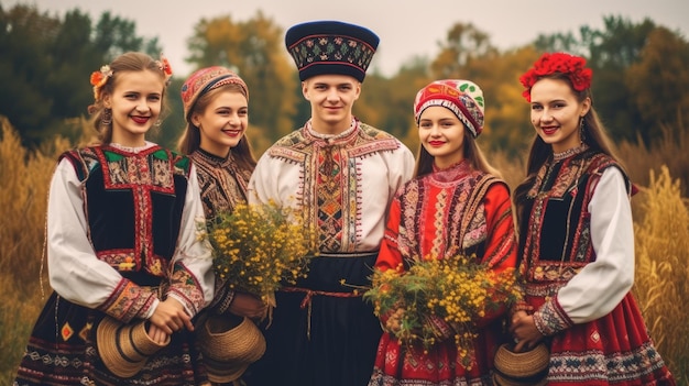 Un gruppo di persone in abiti tradizionali posa per una foto.