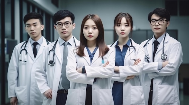 Un gruppo di persone in camice bianco sta in fila, uno di loro ha una maglietta blu e l'altro ha un camice bianco con sopra la scritta dottore.