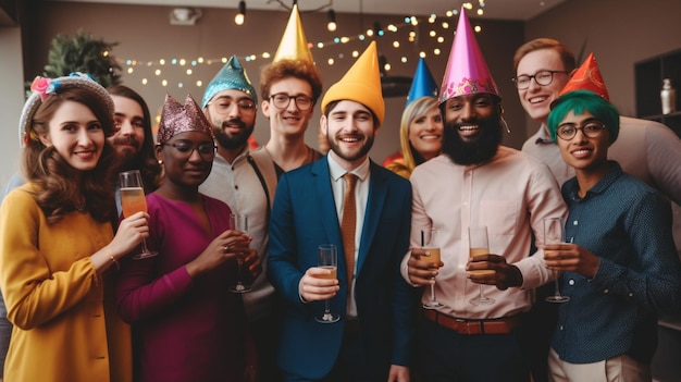 Un gruppo di persone in cappelli da festa sta insieme a una festa.