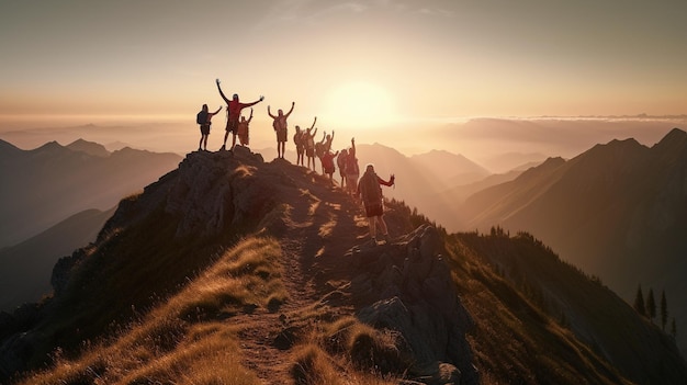 Un gruppo di persone in cima a una montagna con il sole che tramonta dietro di loro