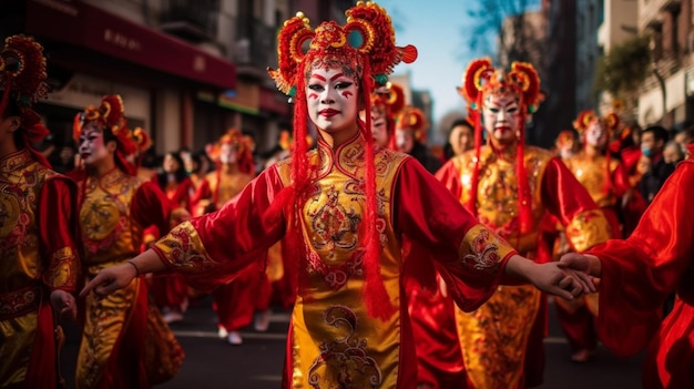 Un gruppo di persone in costume rosso e oro sta marciando lungo una strada.